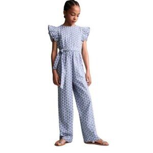 NWT MNG by Mango Girls Blue & White Geometric Print Party Fancy Jumpsuit 9